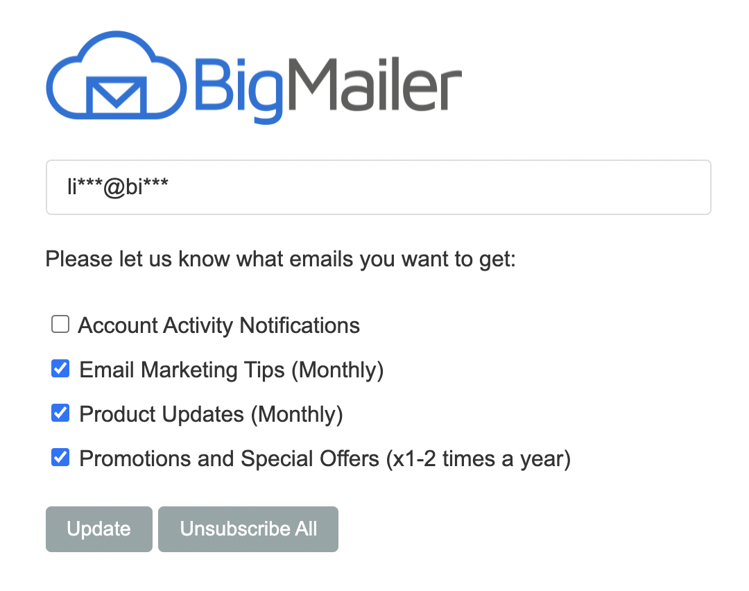 BigMailer unsubscribe page
