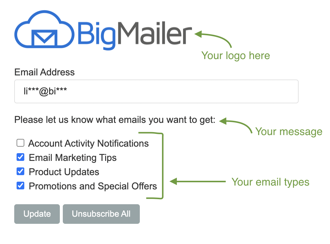 BigMailer unsubscribe page customizations