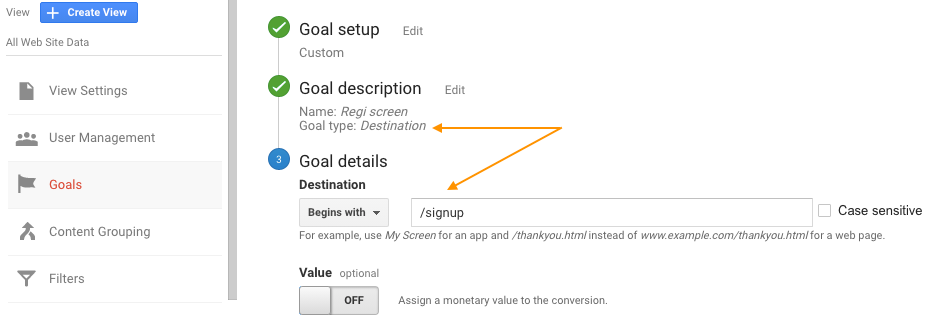 GA goal setup by destination