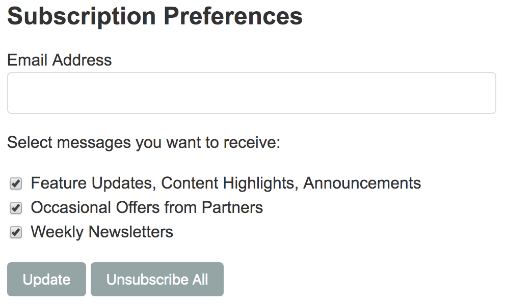 Example: unsubscribe page with preferences format