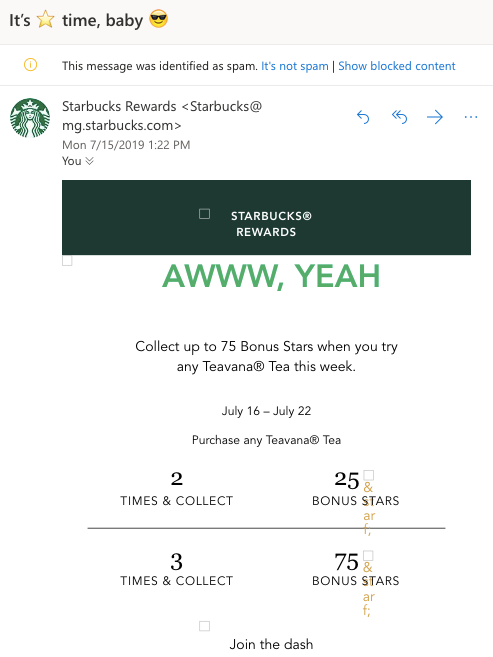 Starbucks email in spam folder