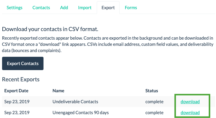 list export download as csv