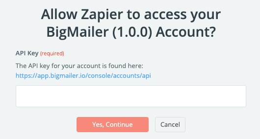 Zapier: authorize BigMailer with API Key