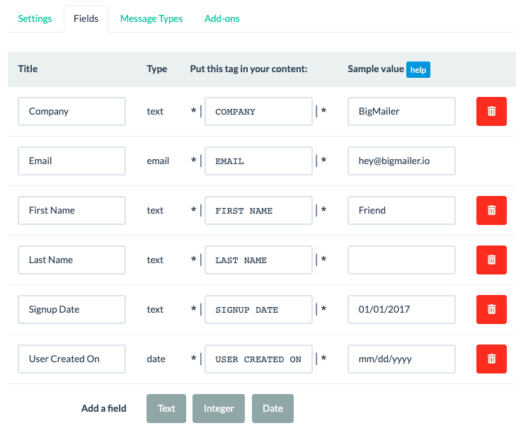 Example of fields in BigMailer