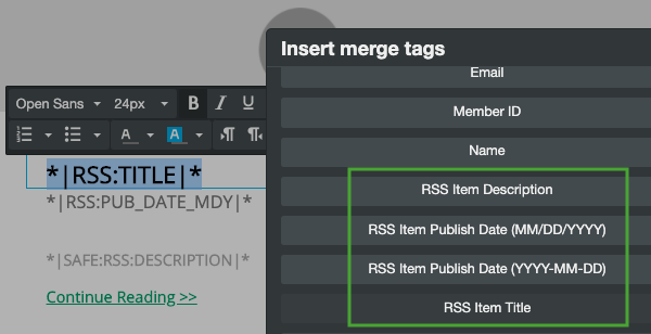 RSS to Email - adding RSS items into template