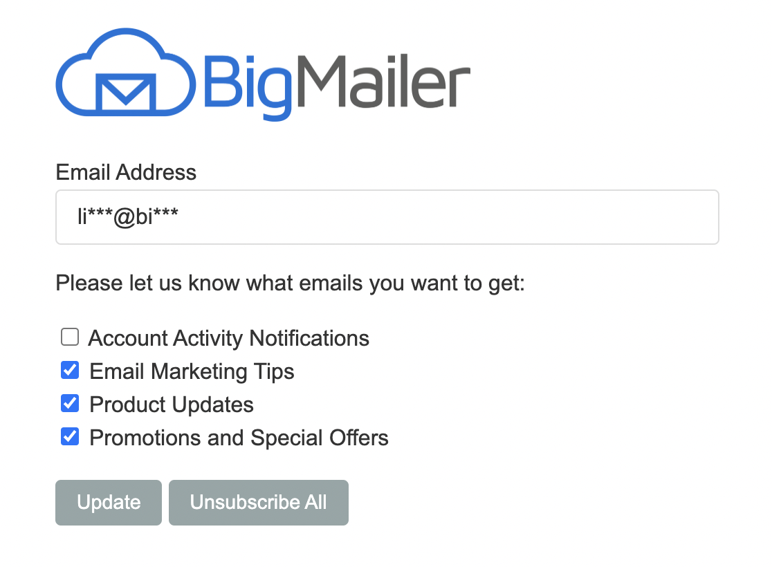 BigMailer unsubscribe page