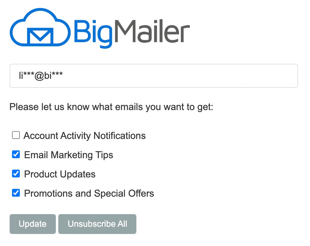 BigMailer Unsubscribe page