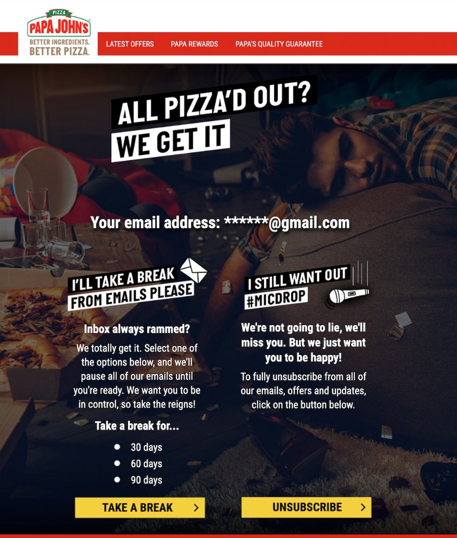 Papa Johns Unsubscribe Page