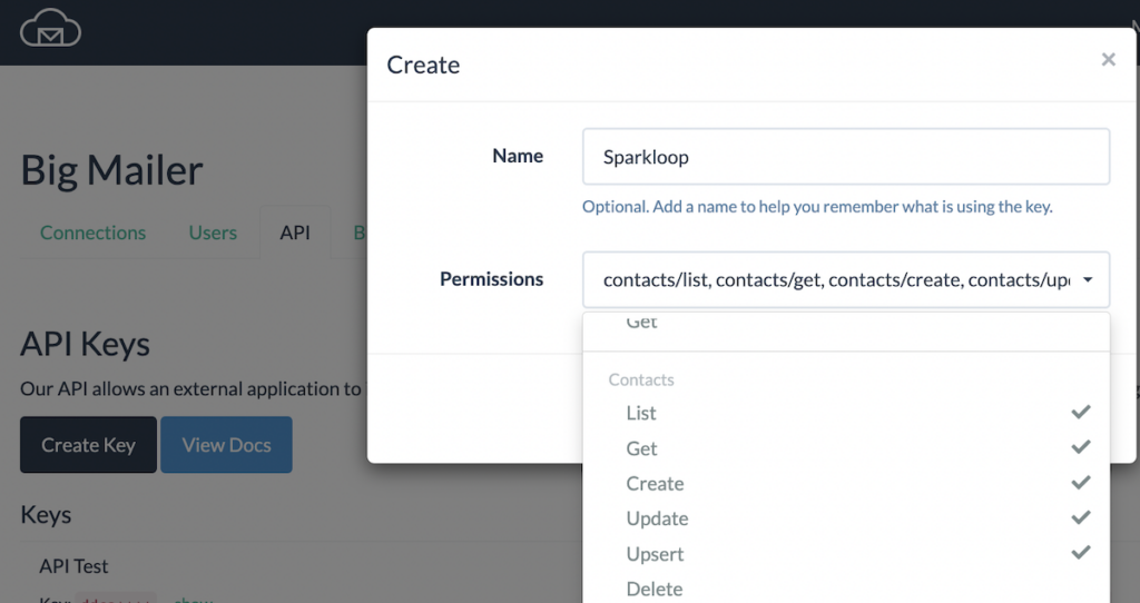 BigMailer API key permissions
