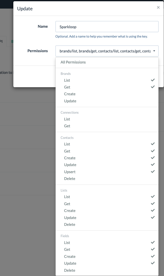 API key permissions for Sparkloop