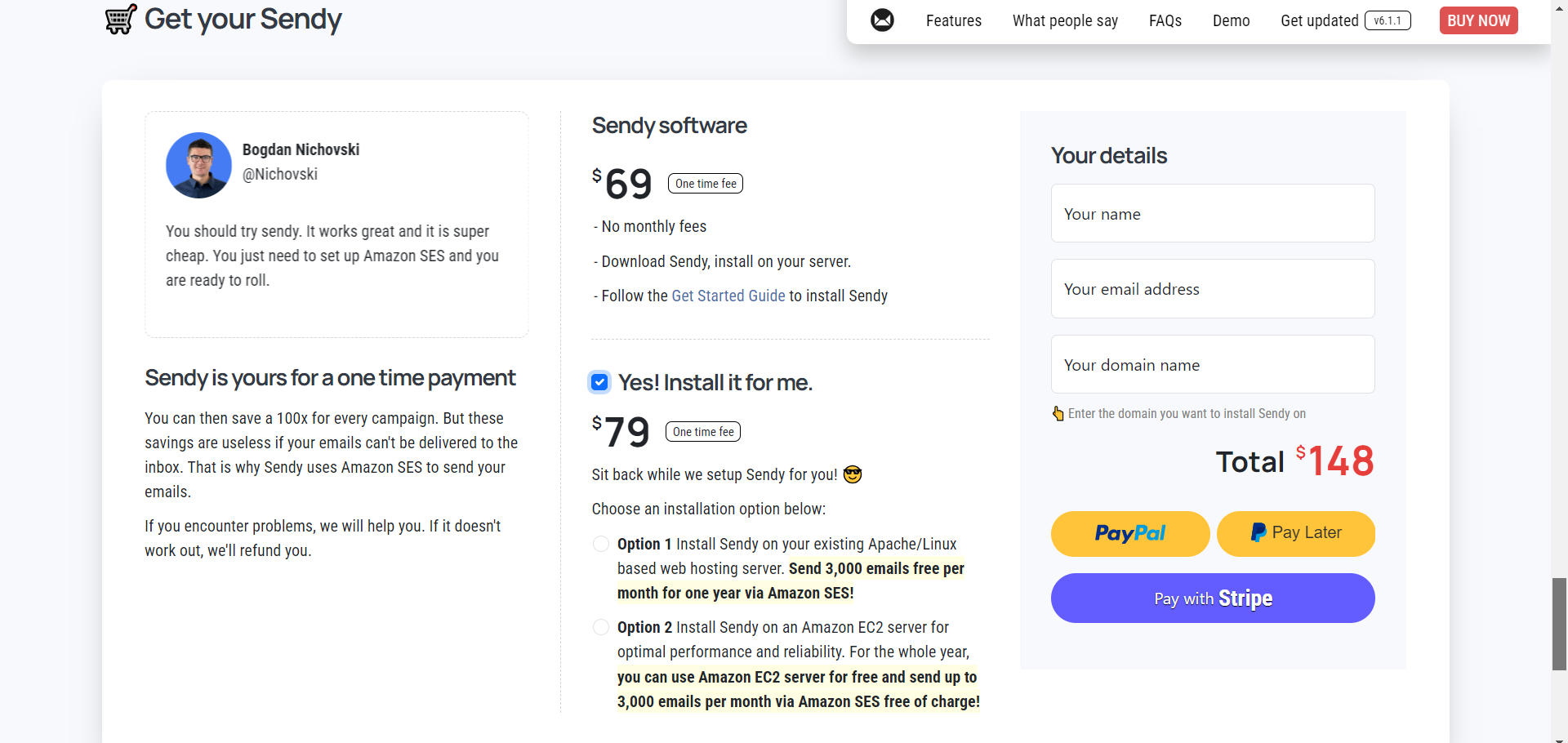 Sendy pricing page