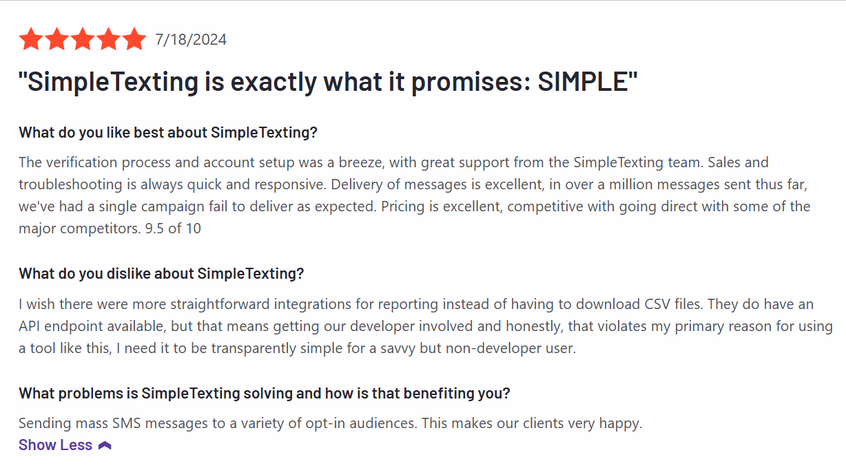 SimpleTexting Customer Review