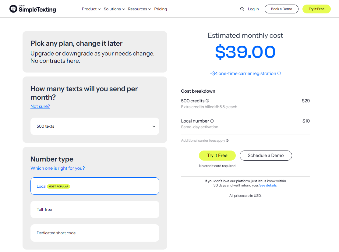 SimpleTexting Pricing Page