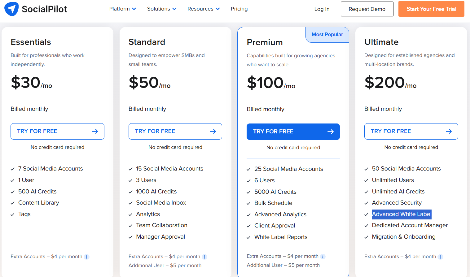 SocialPilot Pricing page