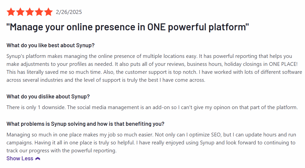 Synup Customer Review