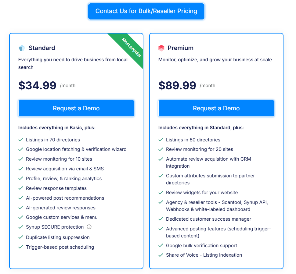 Synup's Pricing page
