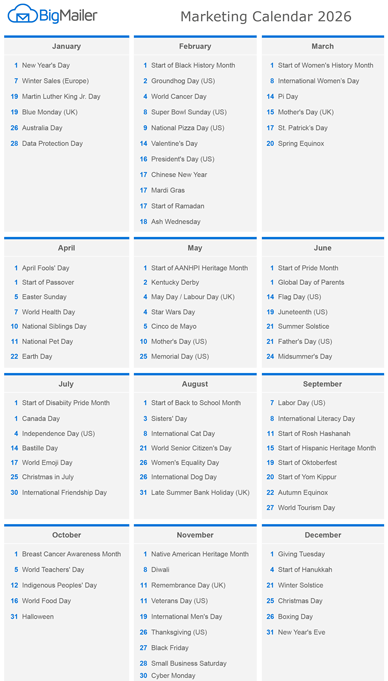 Marketing Calendar 2026 by BigMailer