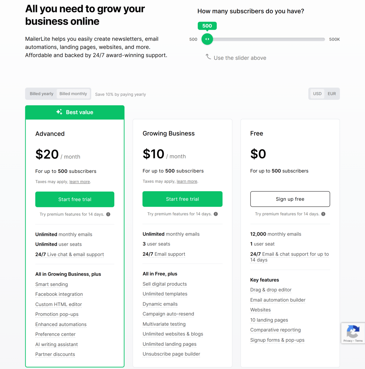 Mailerlite pricing 2026