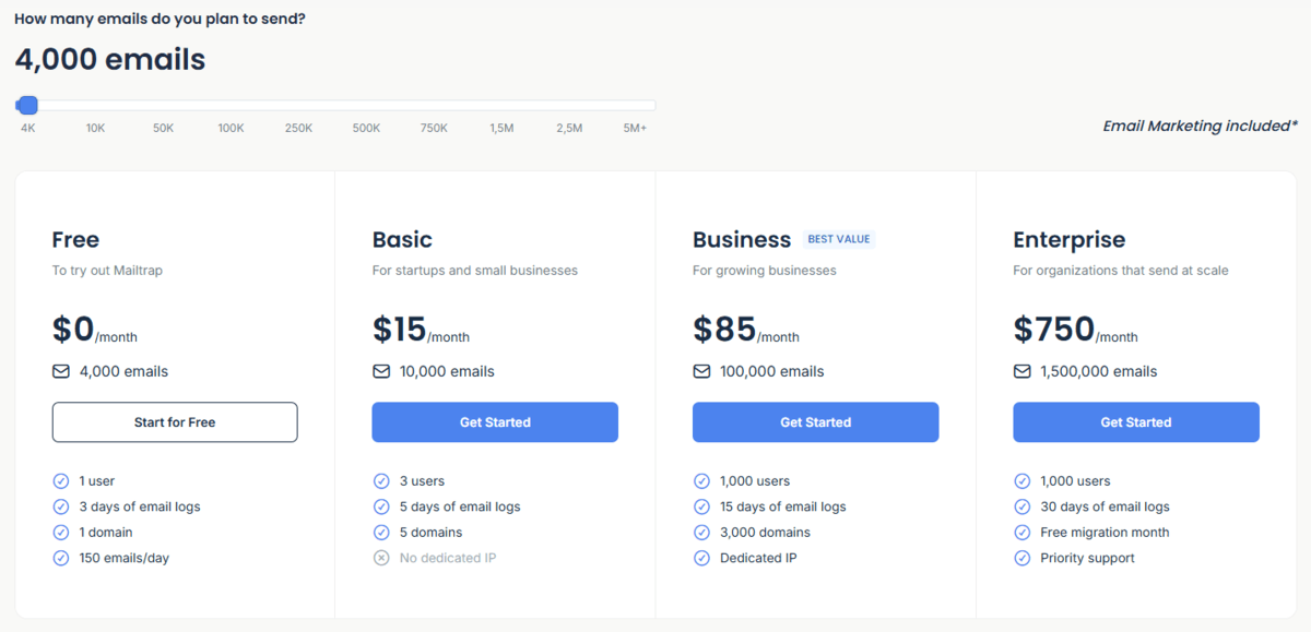 Mailtrap pricing page 2026