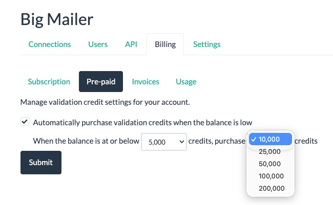 email validation crredits auto-refil