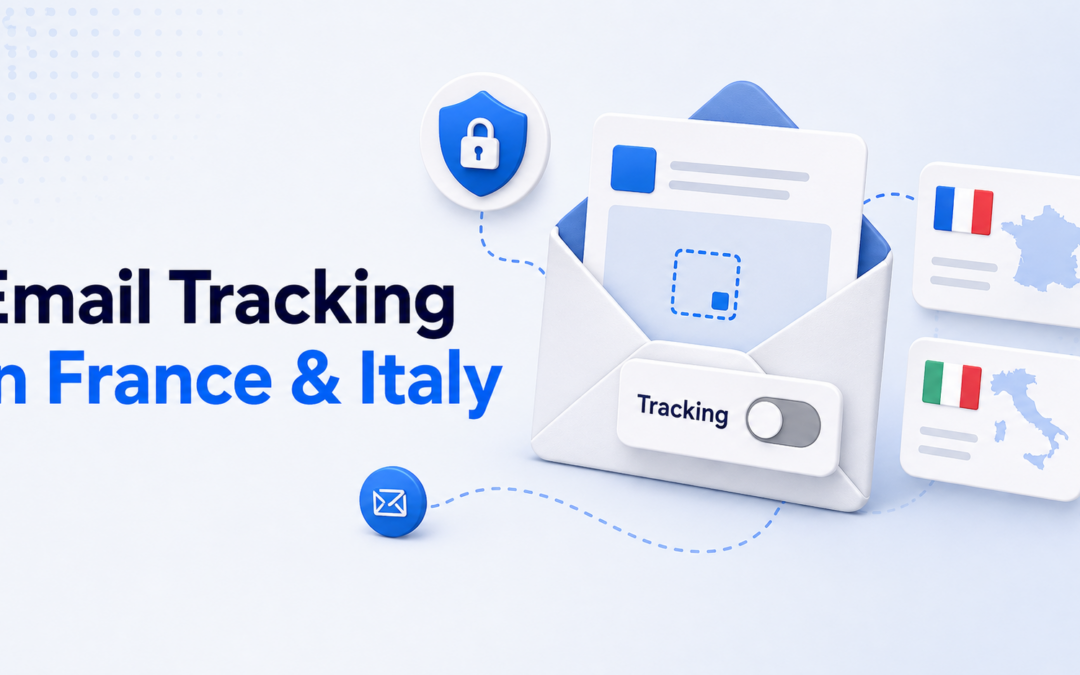 Email Tracking in France and Italy illustration with an email envelope, privacy shield, country cards, and tracking switched off.