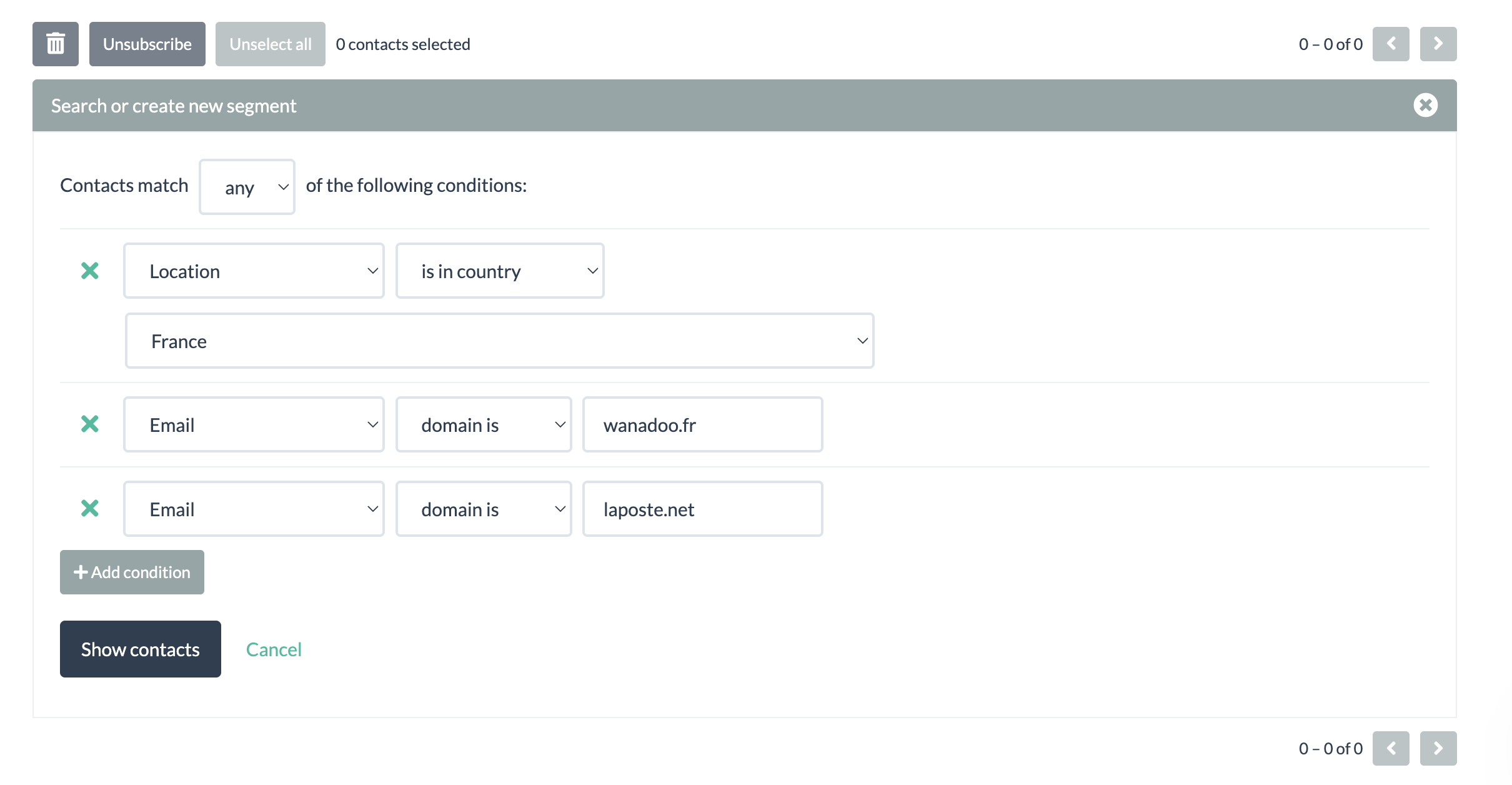 BigMailer segment matching contacts located in France or using wanadoo.fr or laposte.net email domains.