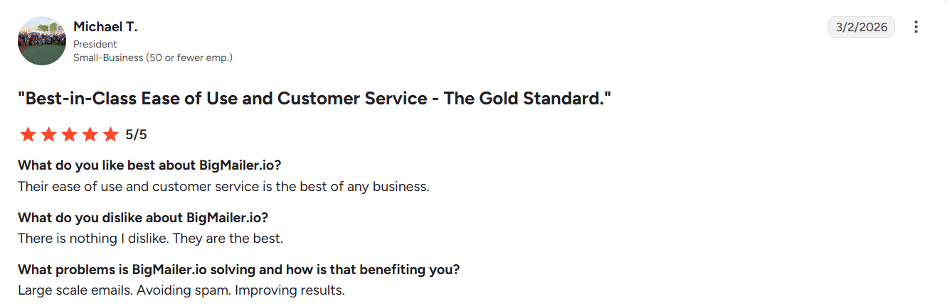 G2 review rating BigMailer 5 out of 5 stars for ease of use and customer service
