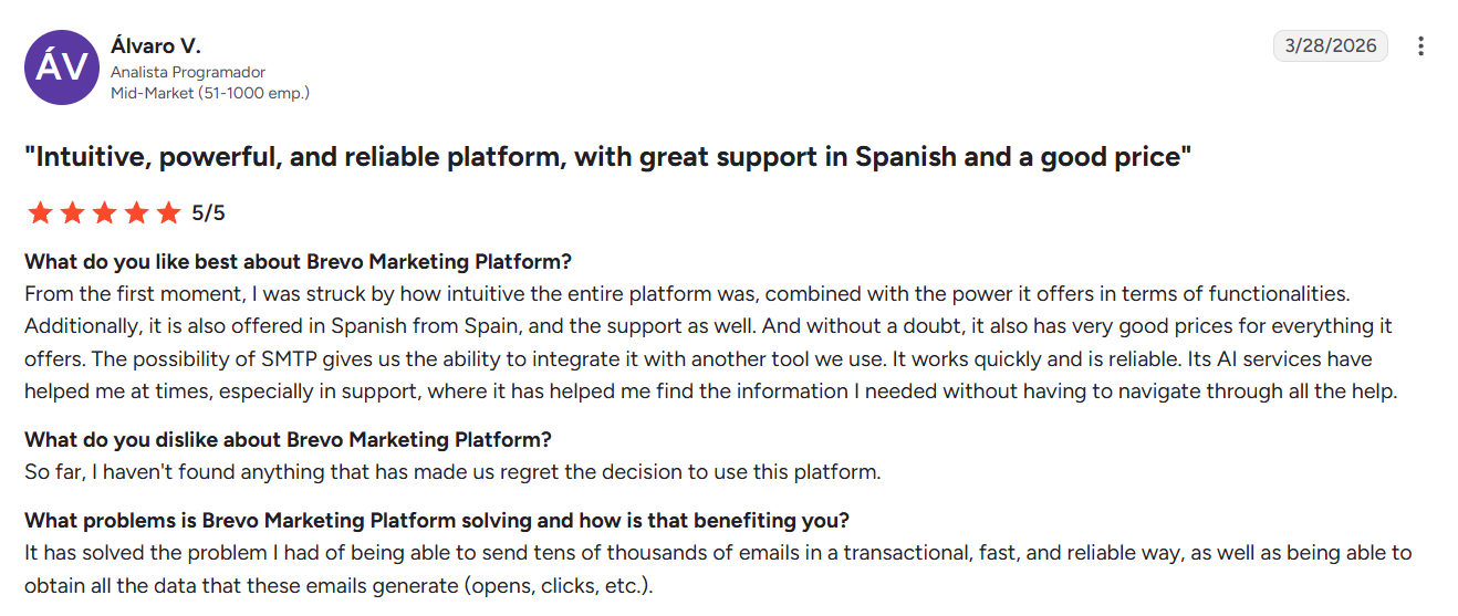 G2 review rating Brevo 5 out of 5 stars for being intuitive, reliable, and affordably priced. Also offered in Spanish