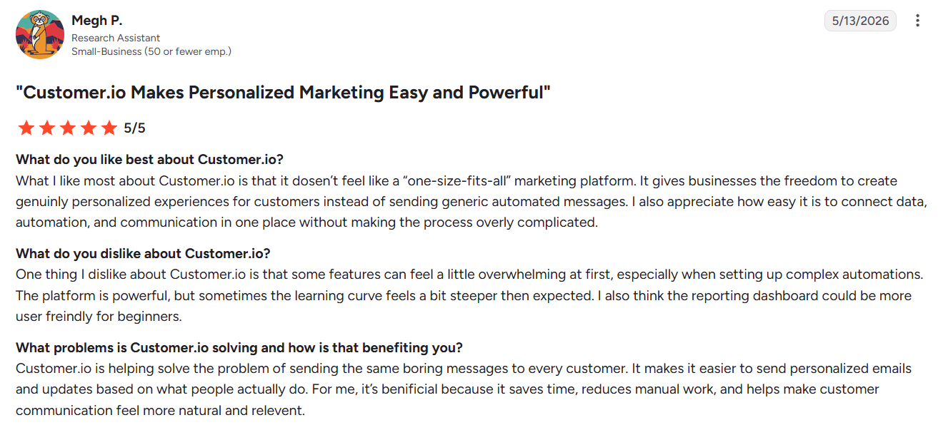 G2 review rating Customer.io 5 out of 5 stars for personalized, behavior-based marketing automation