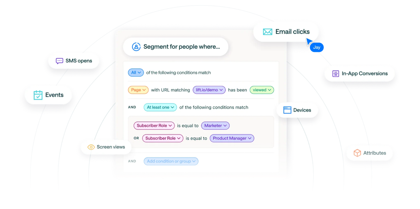 Customer.io segment builder showing conditions based on page views, email clicks, and subscriber role