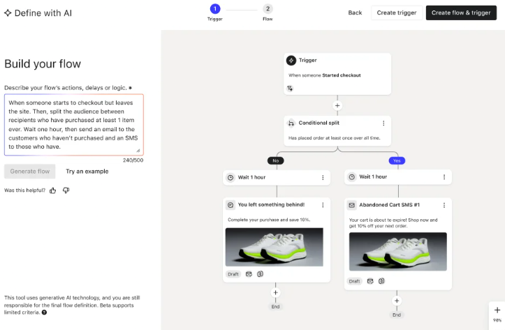 Klaviyo AI flow builder creating an abandoned cart automation with a conditional split based on purchase history