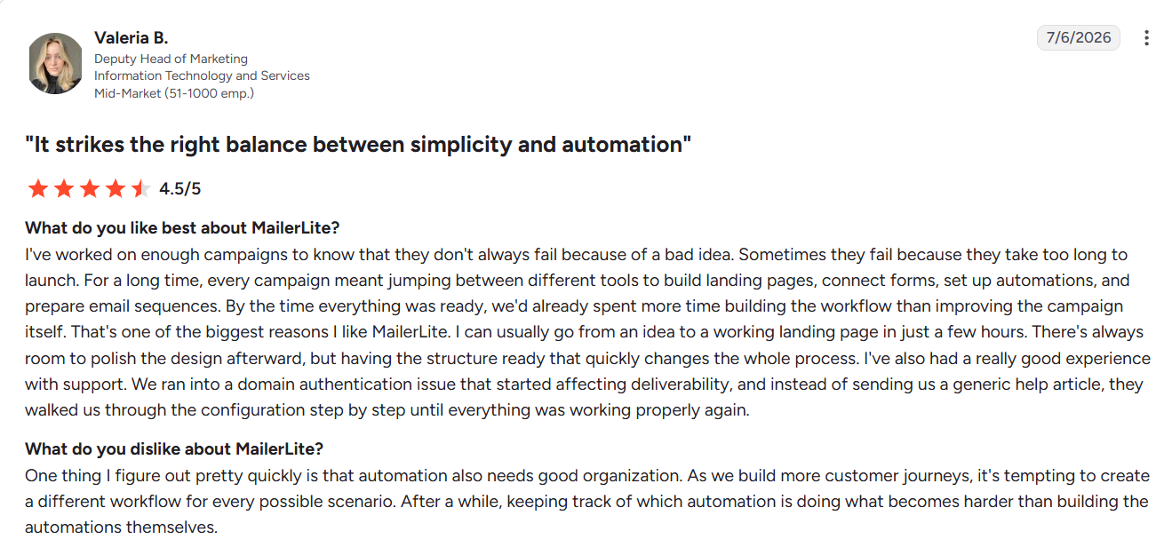 G2 review rating MailerLite 4.5 out of 5 stars for balancing simplicity and automation and time savings
